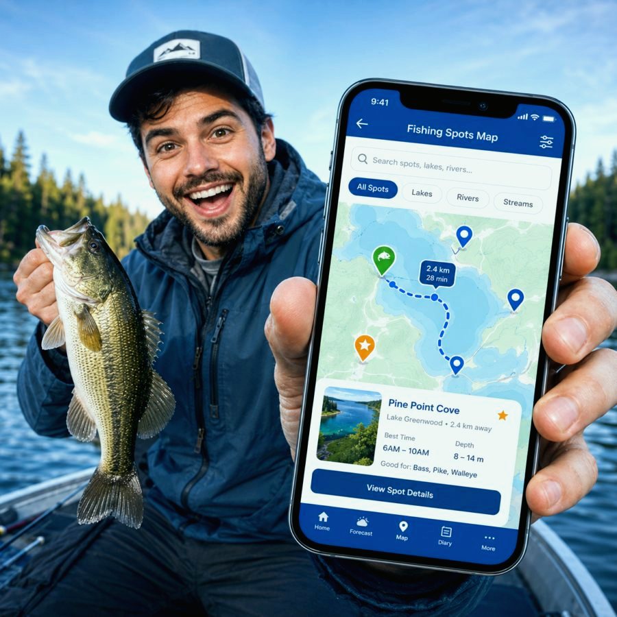 Fishing map screen with saved spots